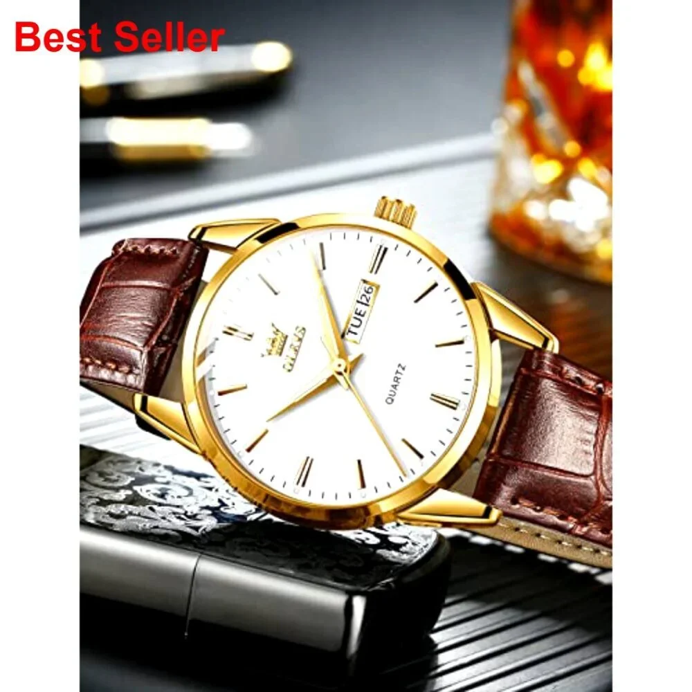 Men's Casual Leather Watch with Date, Waterproof Quartz Movement